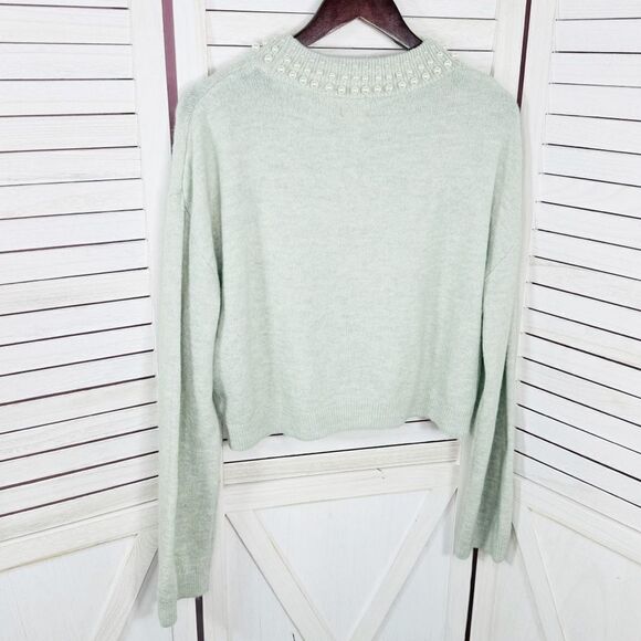 H&M Faux Pearl Beaded Neck Crop Sweater Mint Green Medium Long Sleeve - Picture 9 of 13